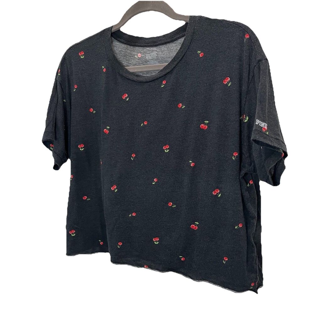 Victoria Secret PINK Crop Top Womens Size M Black Cherry Print Short Sleeve